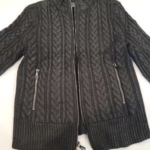 John Varvatos M Foil Cable knit sweater coated wool blend black zip